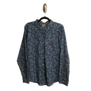 L.L. Bean Oxford Blouse Button Down Wrinkle Free Blue Floral Size XL